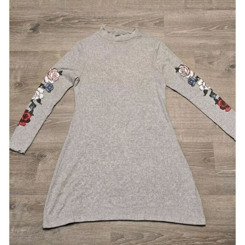 Ultra Flint Women's Gray Long Sleeve Pullover Dress Rose Print‎ Sleeves Size L